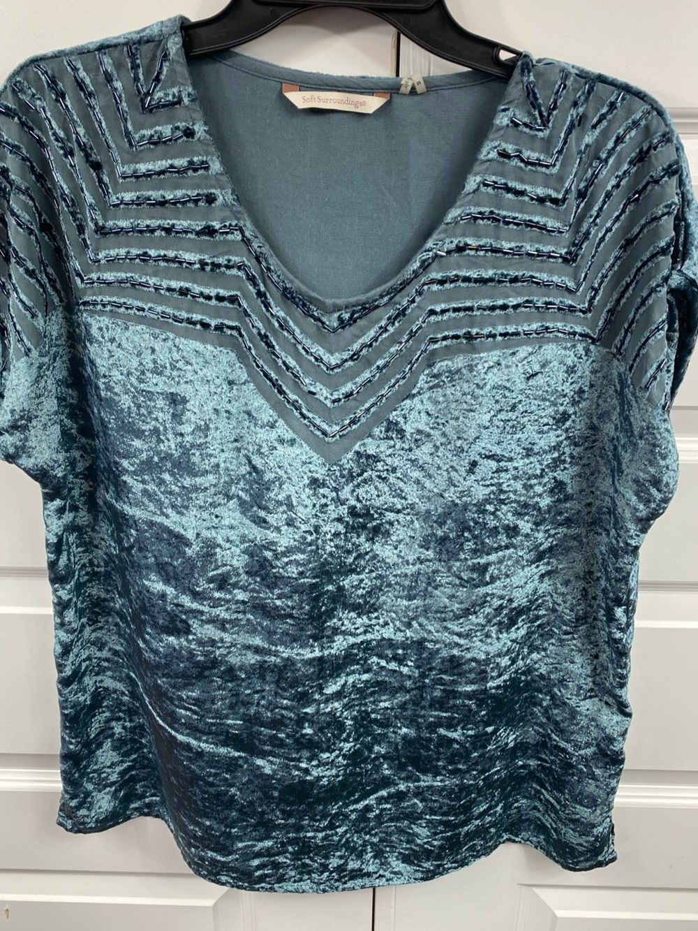 SOFT SURROUNDINGS NOVEAU Top Steel Blue Velvet Sheer Mesh Beading Oversized Med
